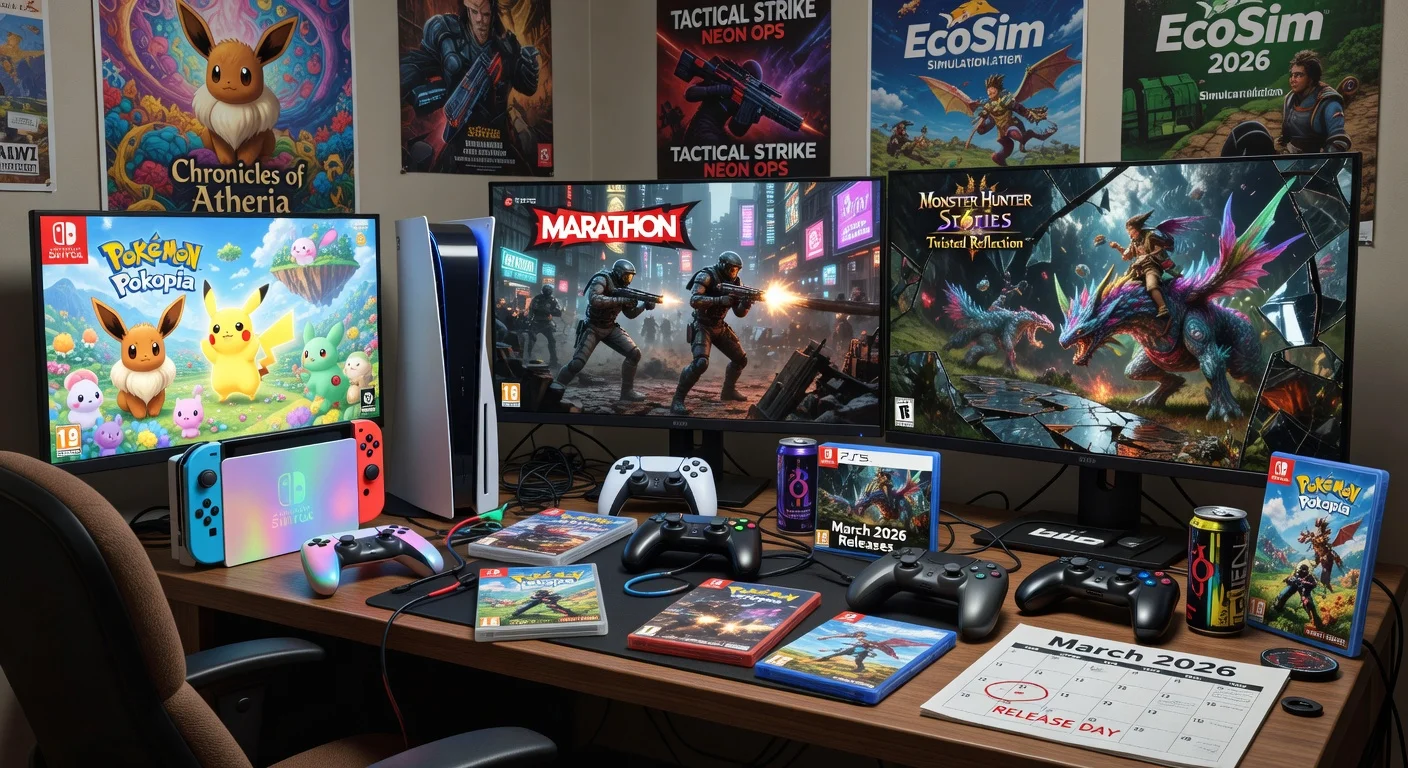 Illustration of diverse March 2026 video game releases including Monster Hunter Stories 3, Marathon on PS5, and Pokemon Pokopia on Switch 2, on a gaming desk.