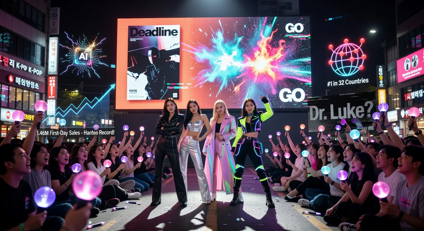 Blackpink members pose in front of a Seoul billboard promoting their record-breaking 'Deadline' album amid AI controversy visuals.