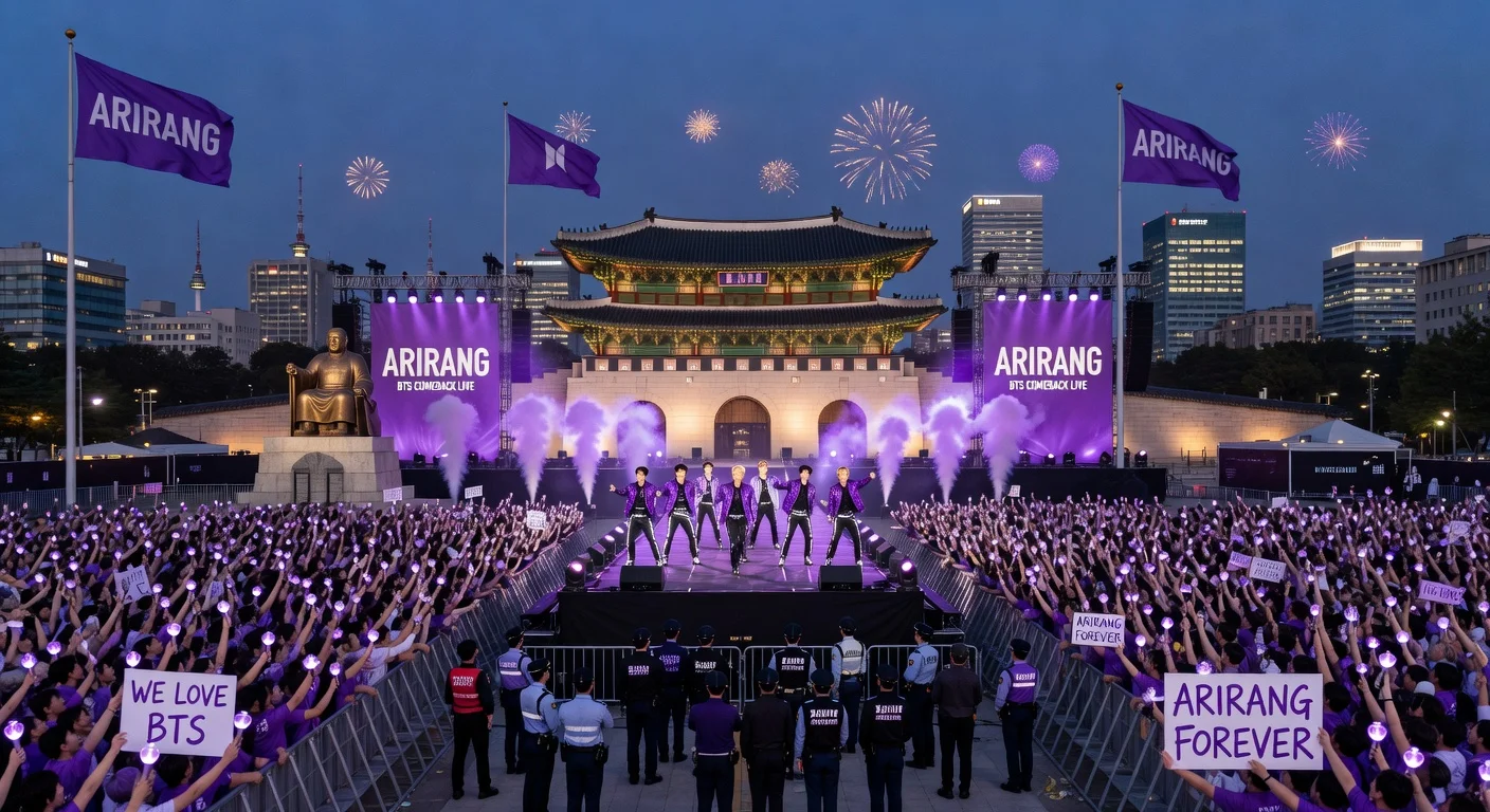 Illustration of BTS performing at Gwanghwamun Square for their ARIRANG album event amid a huge crowd of fans.
