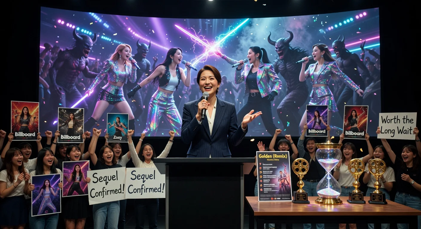 News illustration depicting KPop Demon Hunters sequel announcement by co-director Maggie Kang, with excited fans, awards, and animation wait symbolism.