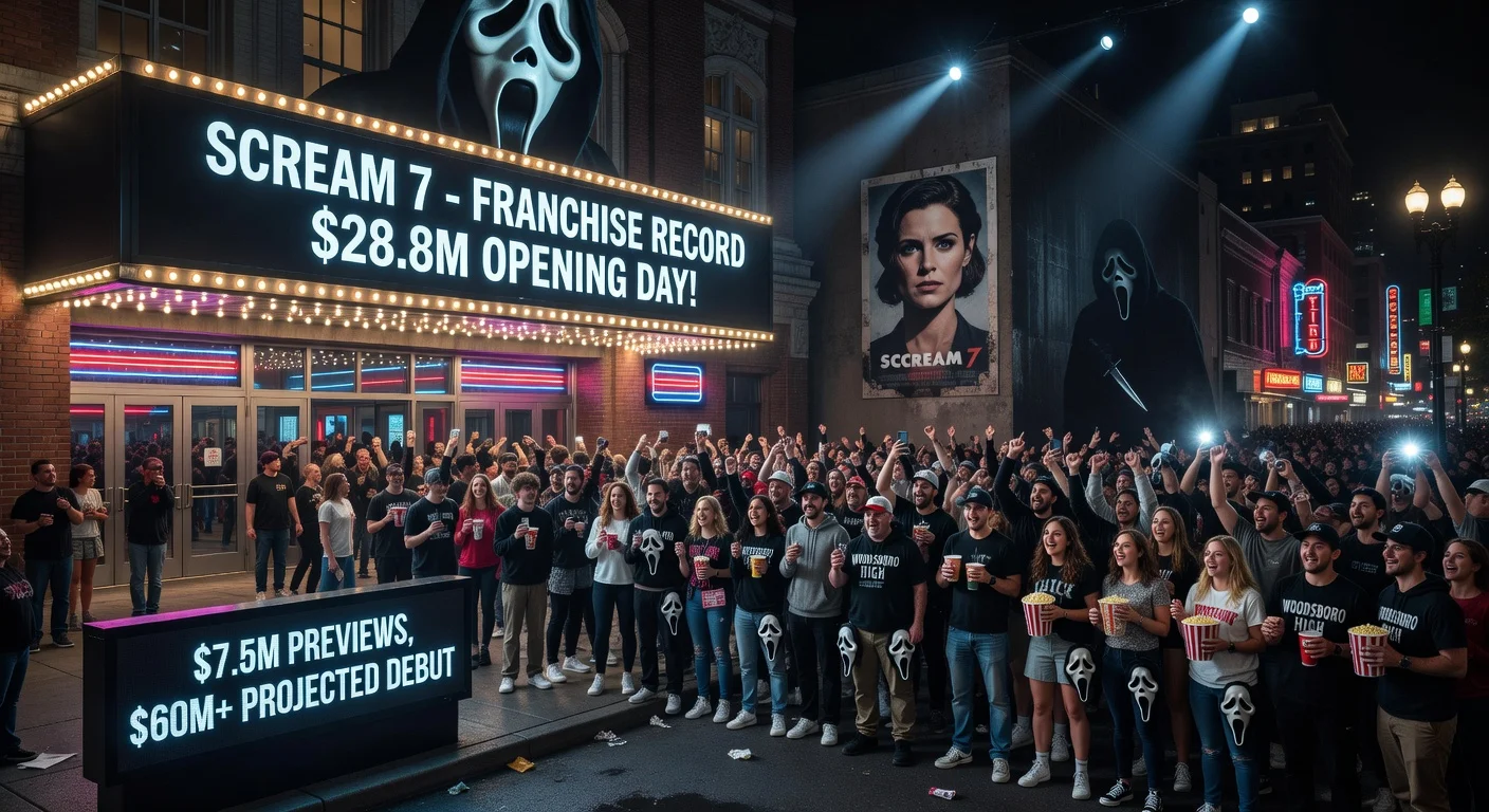 Realistic depiction of packed theater crowds celebrating Scream 7's franchise-record $28.8 million opening day.