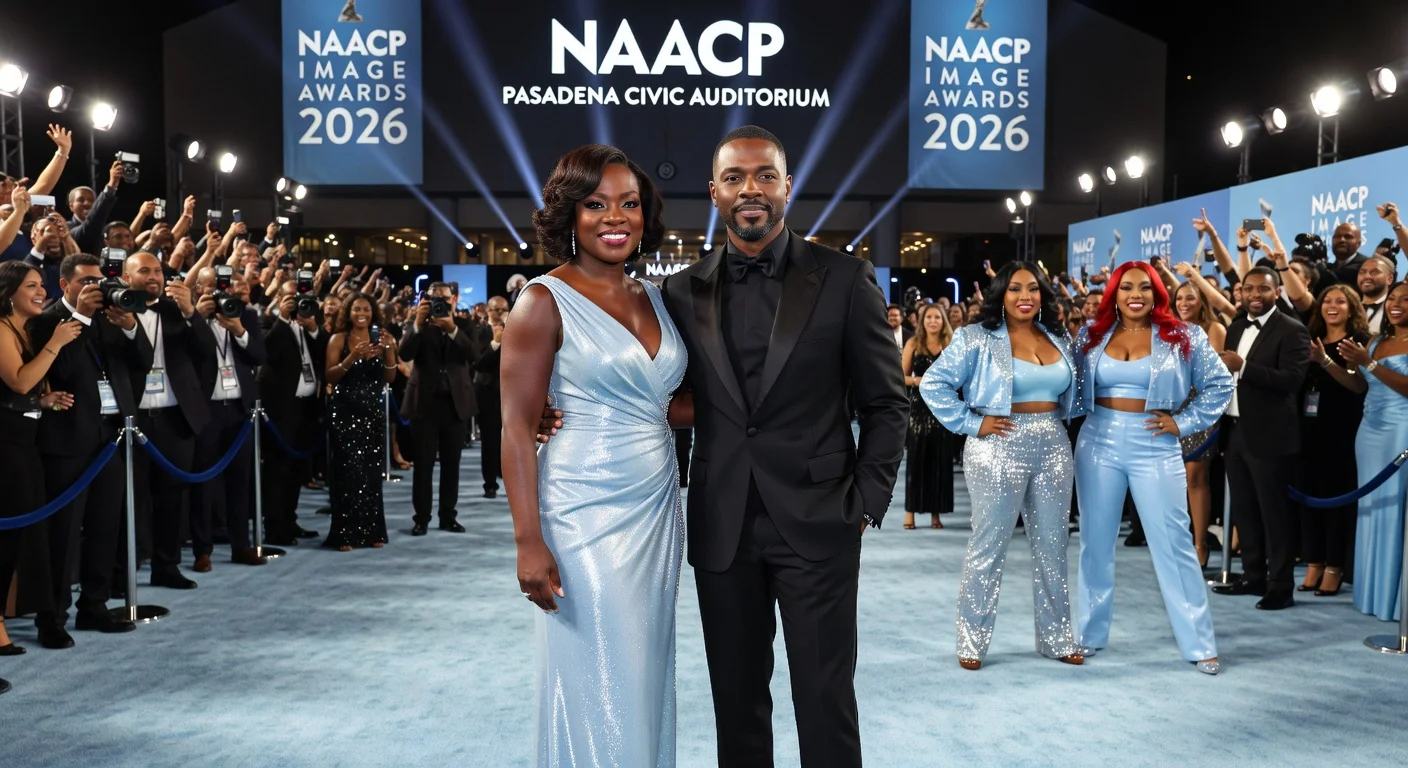 Celebrities Viola Davis, Colman Domingo, and Salt-N-Pepa on the baby blue carpet at the 2026 NAACP Image Awards.
