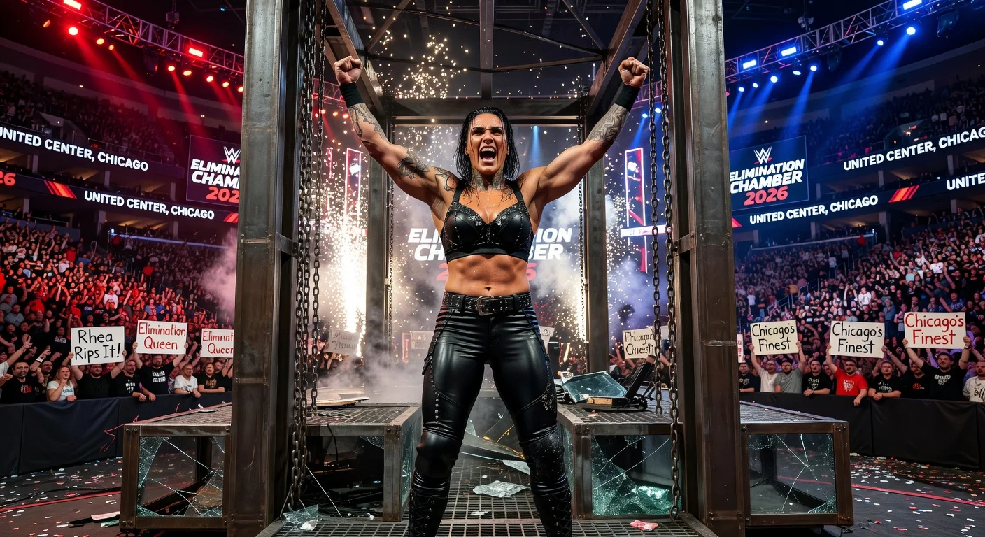 Rhea Ripley raises her arms in victory inside the Elimination Chamber after winning the women's match at WWE Elimination Chamber 2026 in Chicago.