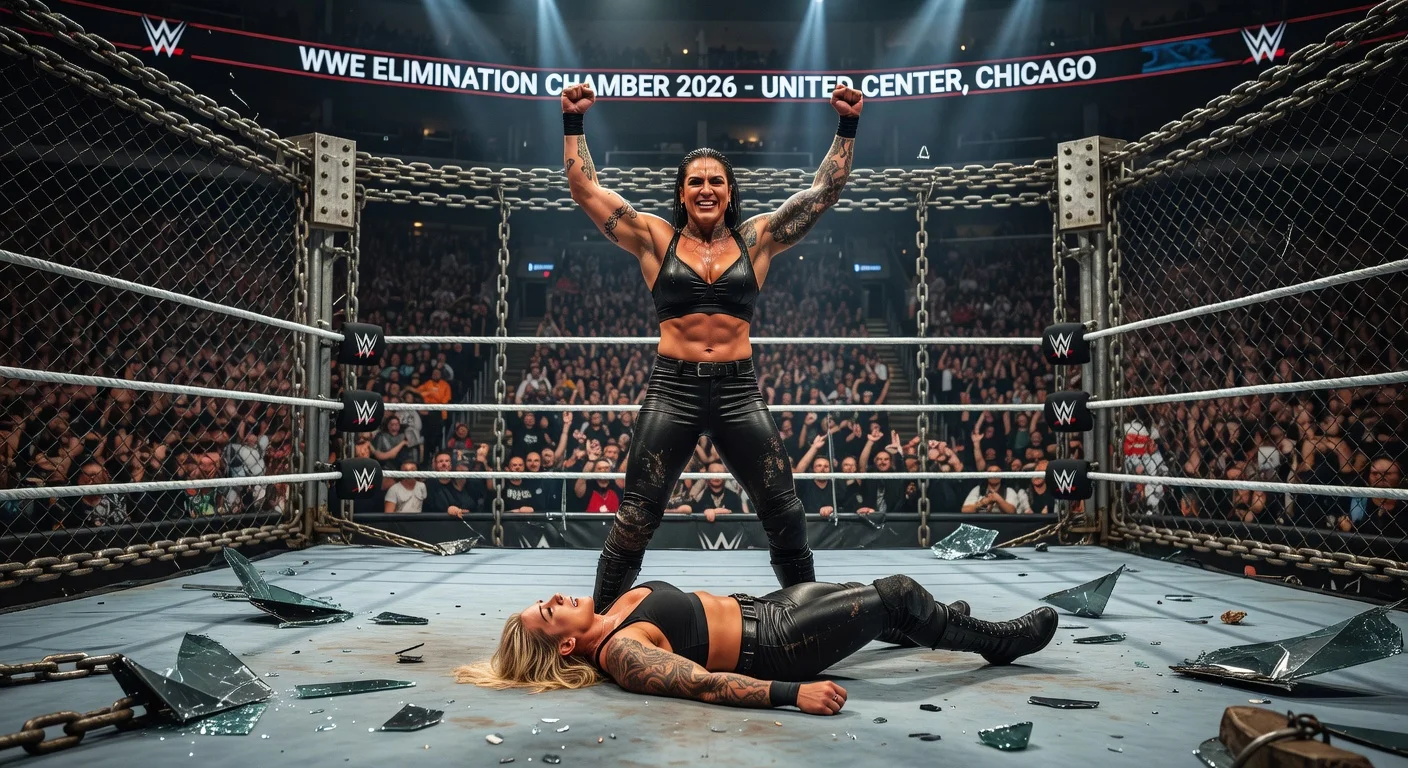 Rhea Ripley celebrates winning the WWE Women's Elimination Chamber match by eliminating Tiffany Stratton last.
