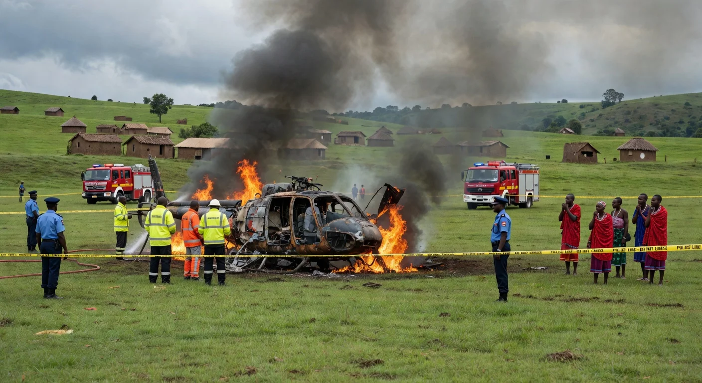 Burning helicopter wreckage in Nandi County crash site with emergency responders and villagers in rural Kenyan landscape.