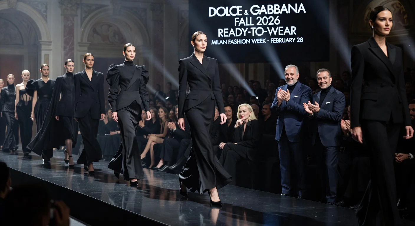 Dolce & Gabbana Fall 2026 runway at Milan Fashion Week: models in black tailored outfits, Madonna in front row, designers applauding.