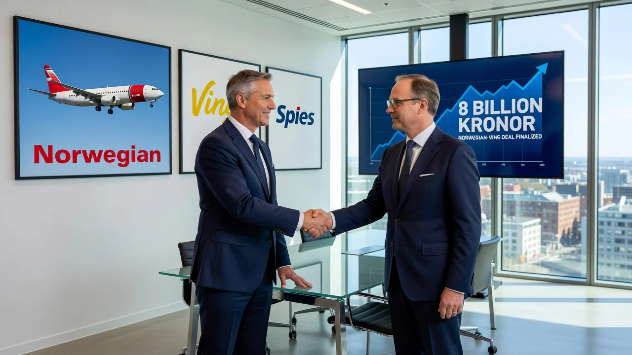 Business executives shaking hands to seal Norwegian's acquisition of Ving travel group, with airplane and logos in background