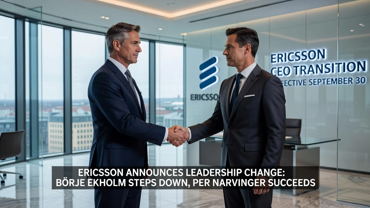 Ericsson CEO Börje Ekholm shaking hands with successor Per Narvinger in a corporate office during leadership transition.