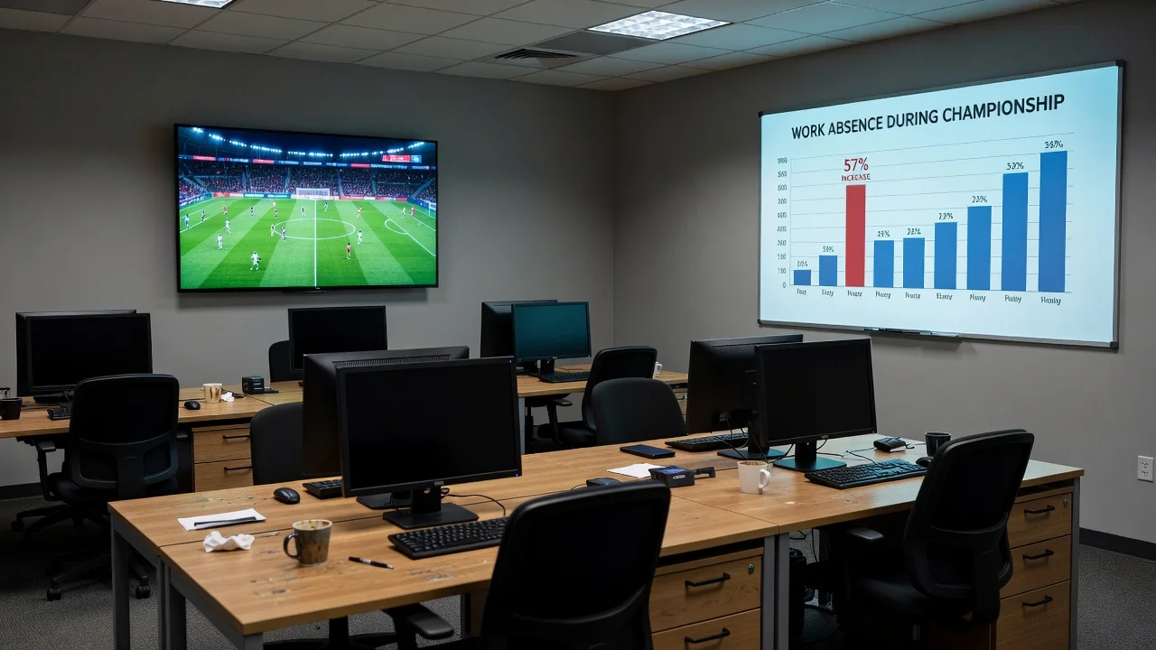 An illustration of an office with empty desks and a football game on TV, highlighting increased work absences during championships.