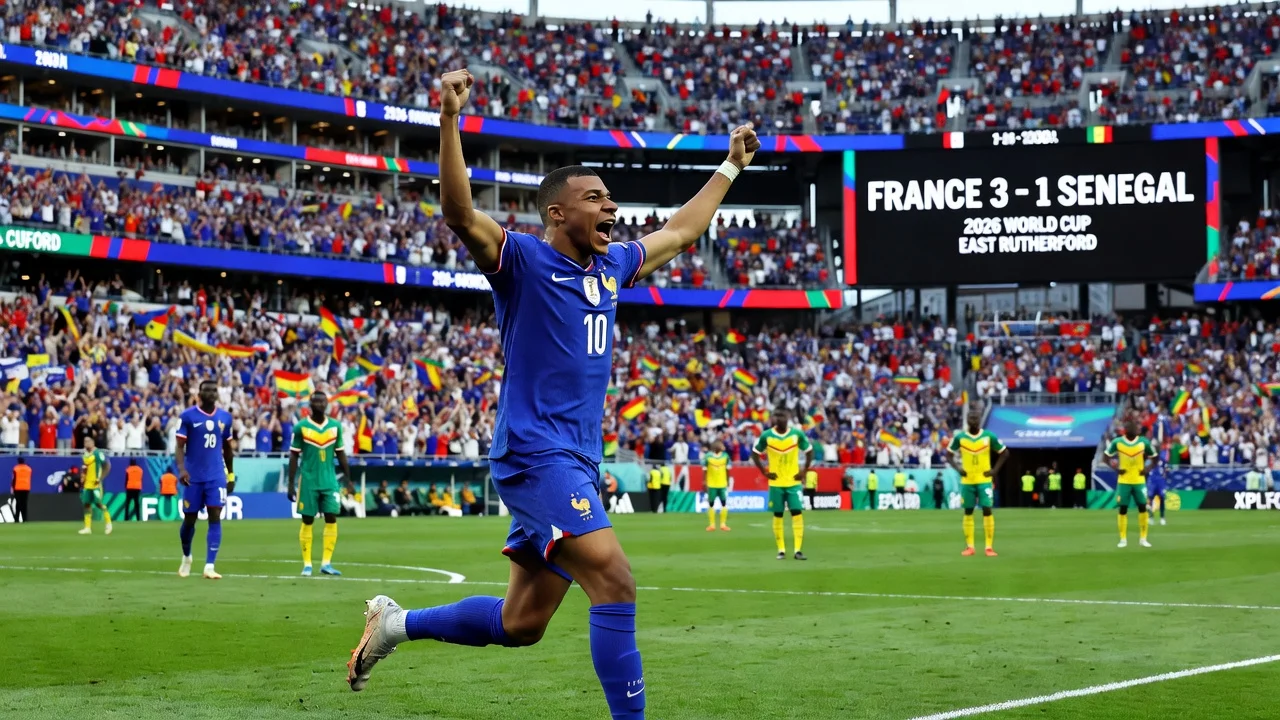 Kylian Mbappé celebrates scoring in France's 3-1 World Cup win over Senegal