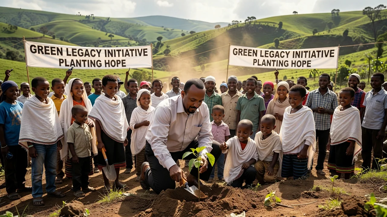 Prime Minister Abiy Ahmed planting a tree to launch the Green Legacy programme in Bishoftu under the theme Planting Hope.