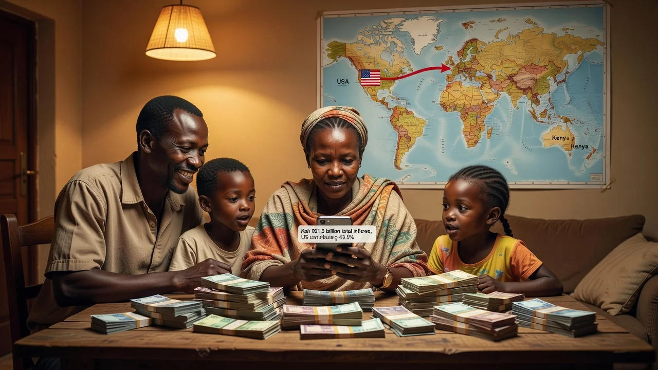 Illustration of a Kenyan family receiving remittances from the United States, highlighting the Ksh931.8 billion inflows reported by KNBS.