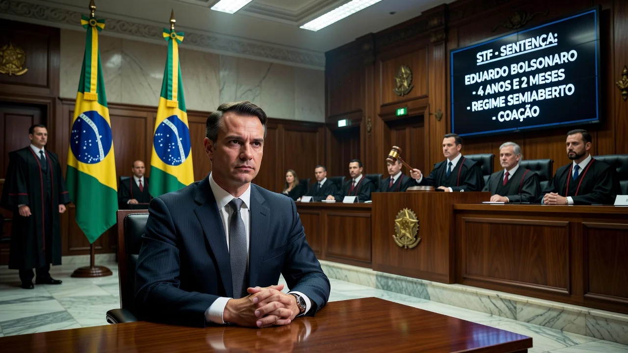 Illustration of Eduardo Bolsonaro receiving prison sentence in Brazilian Supreme Court.