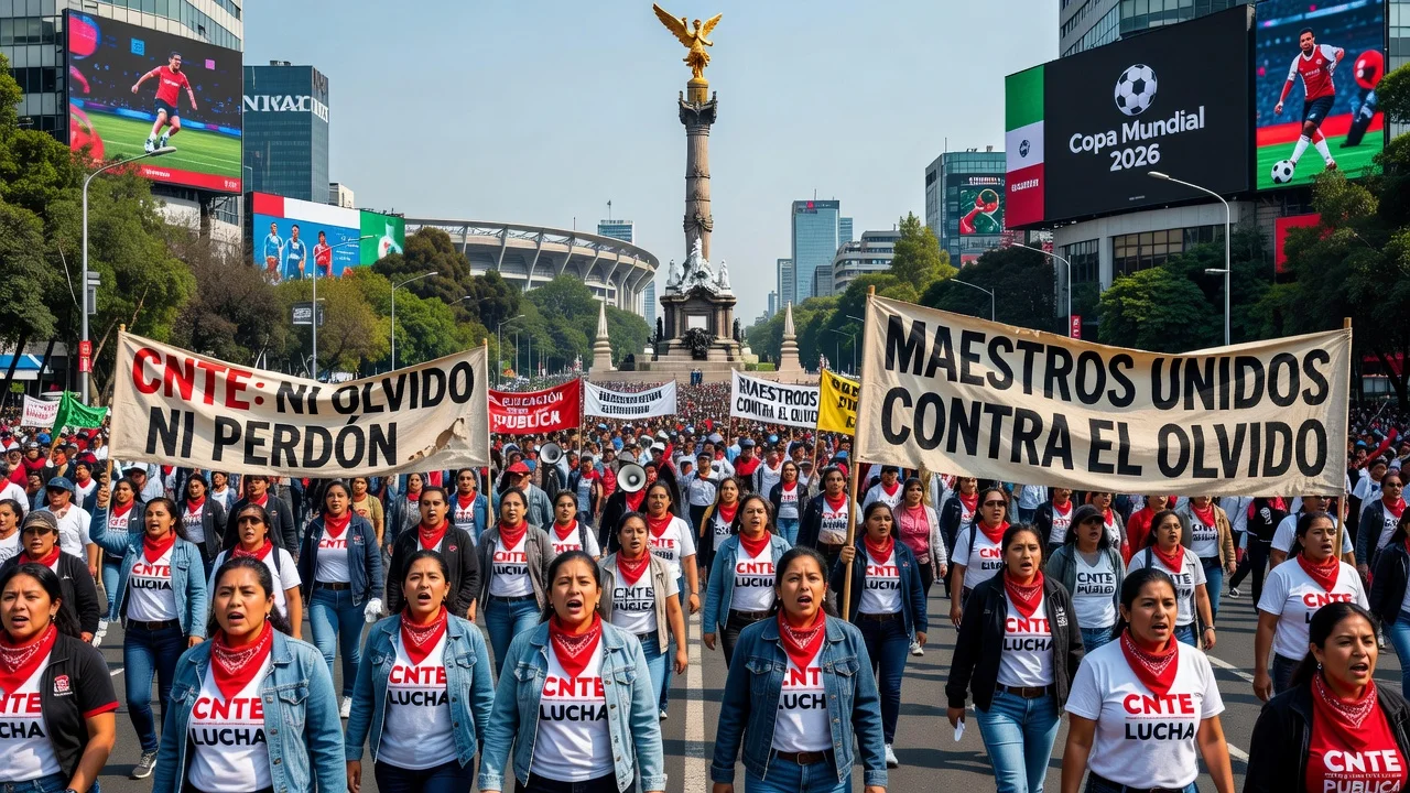 CNTE protesters marching in Mexico City streets with World Cup 2026 references visible