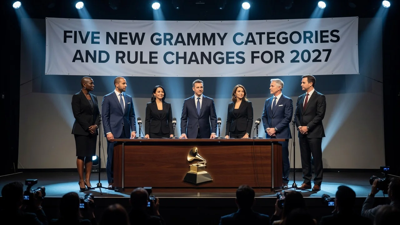 Press conference scene announcing new Grammy categories and rule changes.