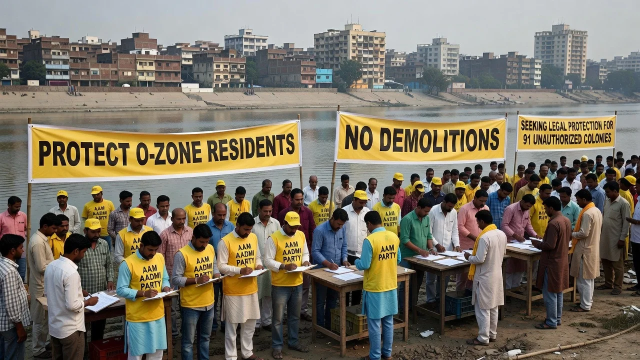 AAP activists collecting signatures from residents in O-Zone area along Yamuna river in Delhi.