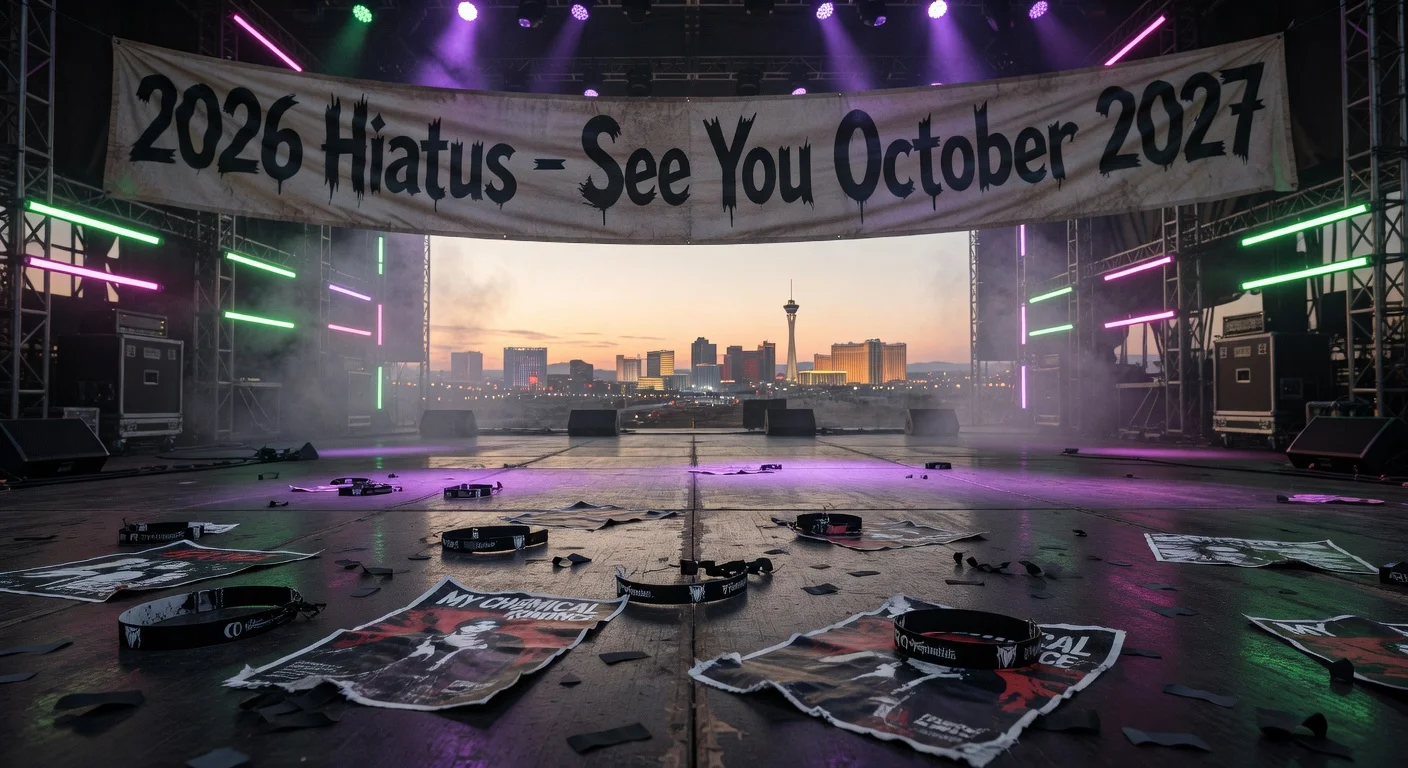 Illustration of the empty When We Were Young festival stage in Las Vegas announcing a 2026 hiatus, with a banner for 2027 return.
