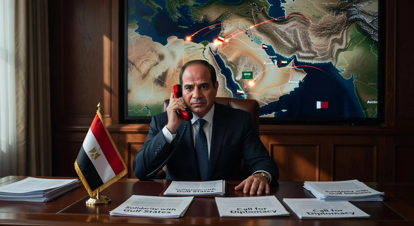 Egyptian President Sisi on a tense phone call expressing solidarity with Gulf leaders following Iranian missile attacks, with a Middle East conflict map in background.