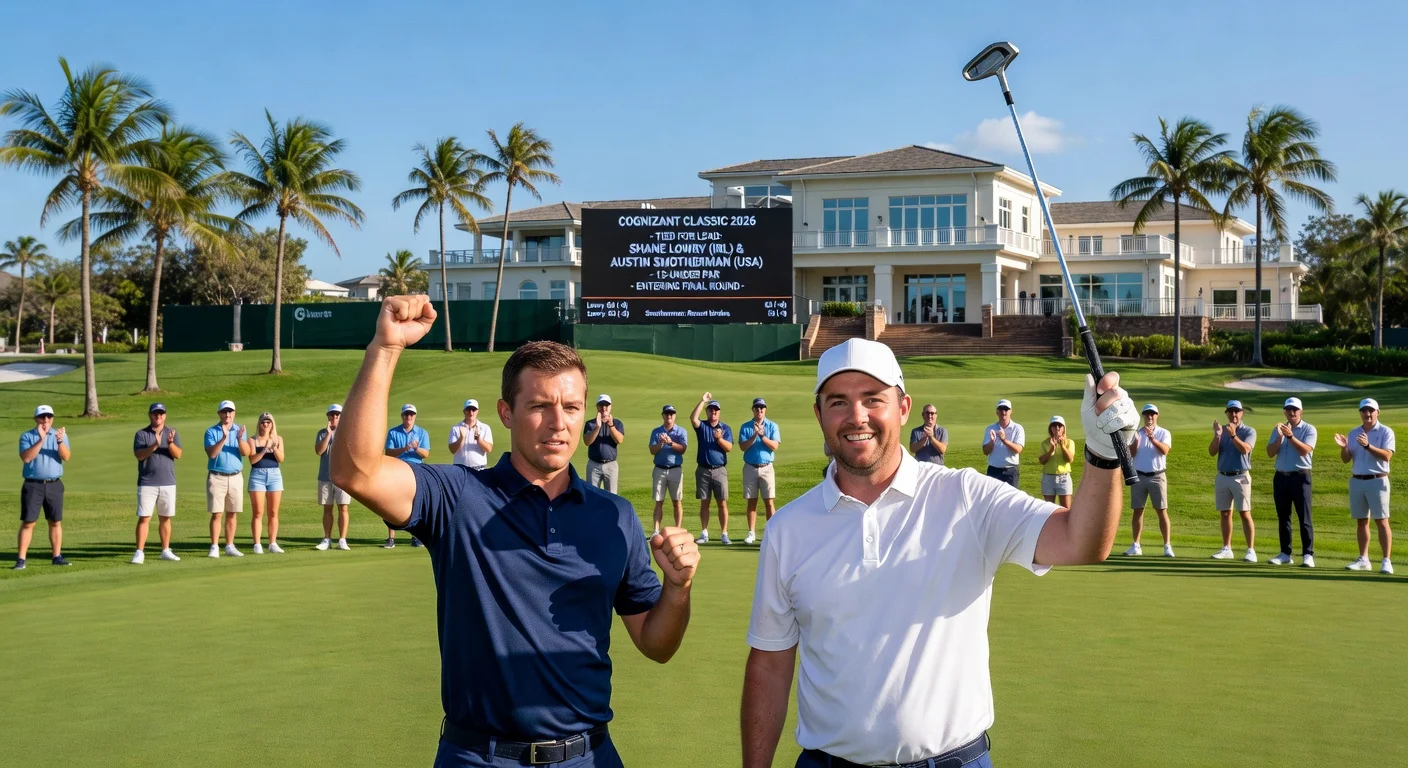Photorealistic image of golfers Shane Lowry and Austin Smotherman tied for the lead on the 18th green at the Cognizant Classic.