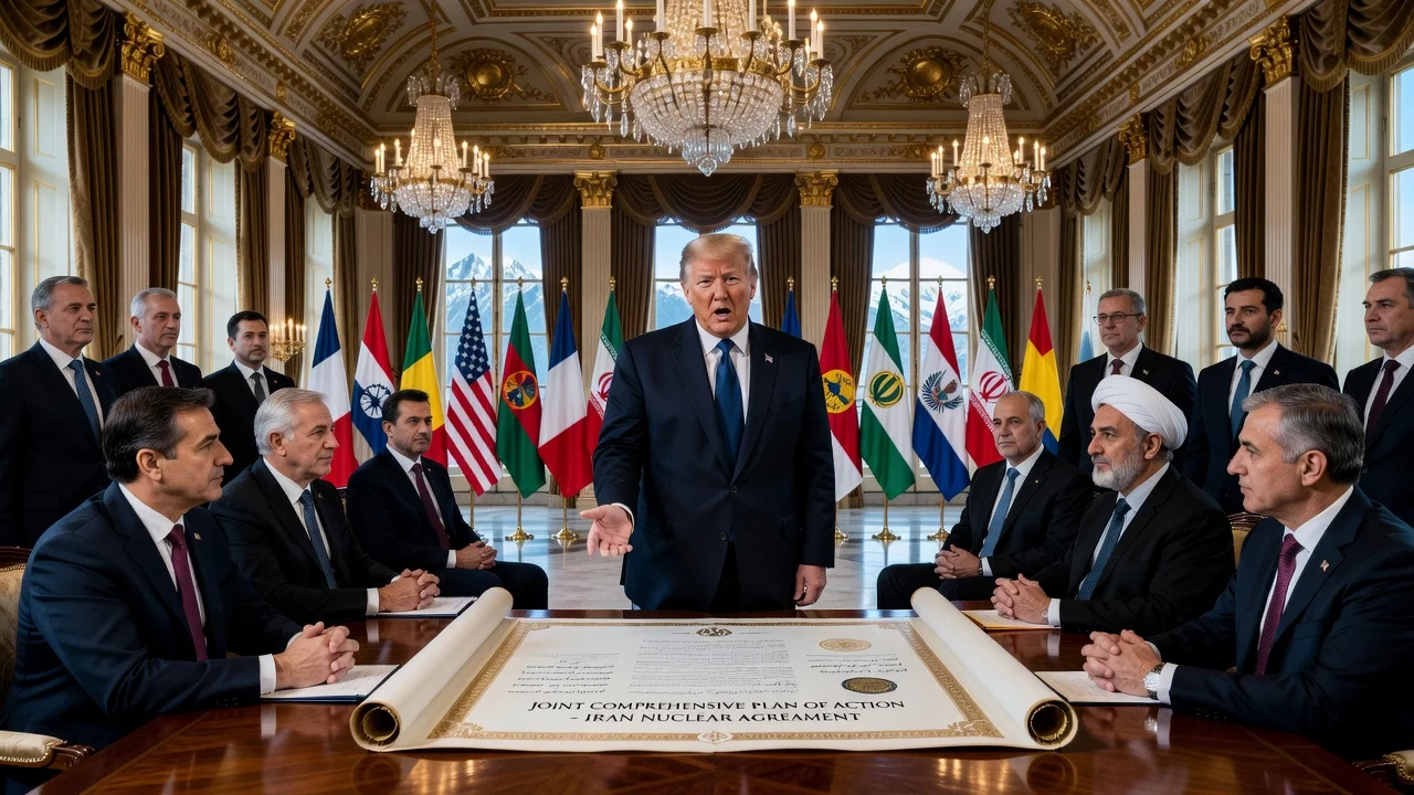 Donald Trump promoting the preliminary Iran nuclear agreement at the G7 summit in France.
