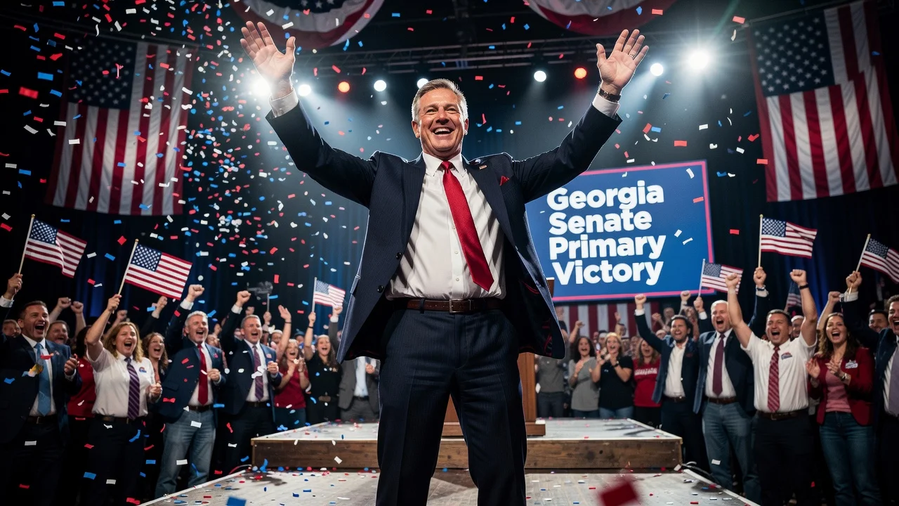 Mike Collins celebrating victory in Georgia Senate GOP runoff election