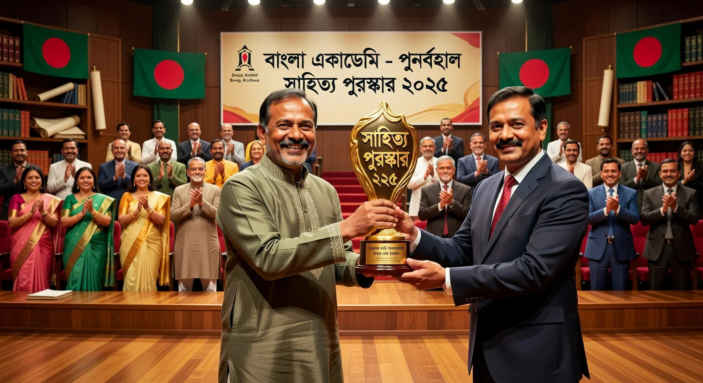 Poet Mohon Raihan receiving the reinstated Bangla Academy Literary Award 2025 during a ceremony in Bangladesh.