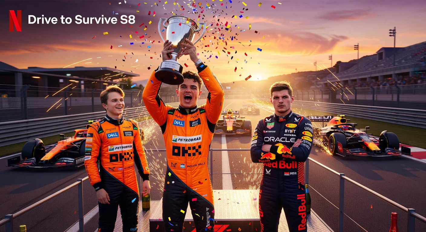 Lando Norris celebrates 2025 F1 championship victory on podium with Piastri and Verstappen, illustrating Drive to Survive Season 8 on Netflix.