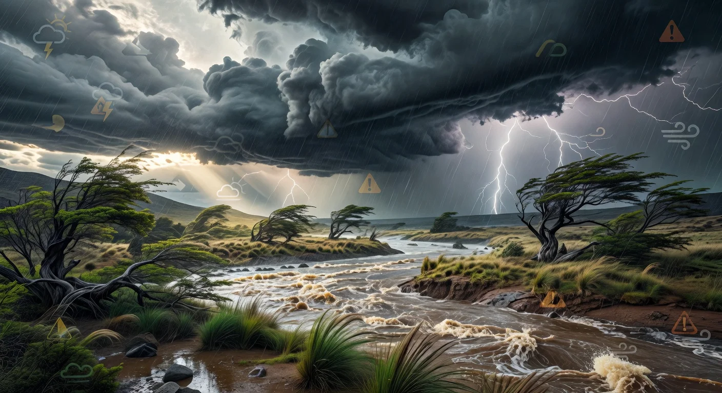 Illustration of yellow and orange weather alerts for heavy rain and strong winds across Argentine provinces, highlighting Río Negro's stormy Patagonian landscape.