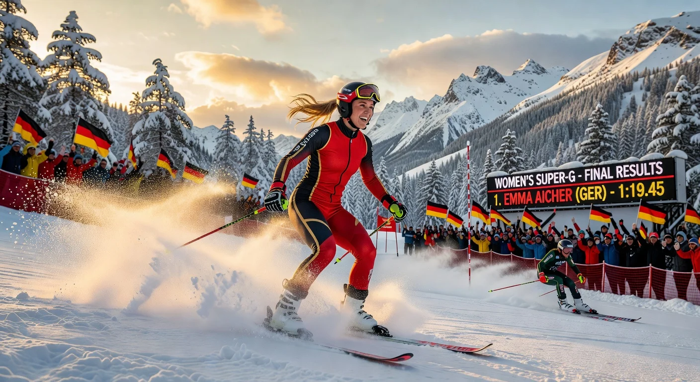 Emma Aicher of Germany celebrates victory at the finish line of the women's super-G ski race in Soldeu, Andorra, with snowy mountains and crowd in background.