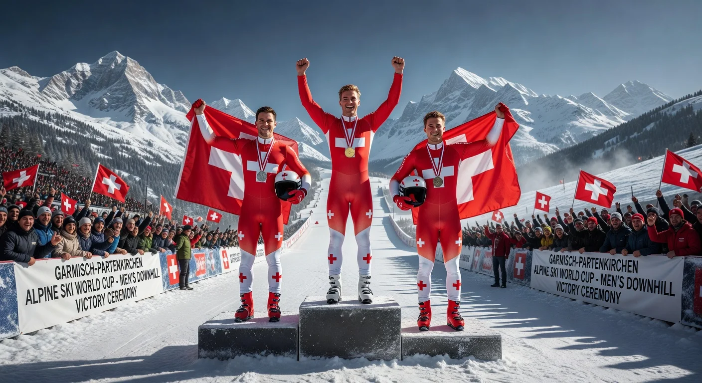Swiss skiers Marco Odermatt (gold), Alexis Monney (silver), and Stefan Rogentin (bronze) celebrate podium sweep at Garmisch-Partenkirchen World Cup downhill.