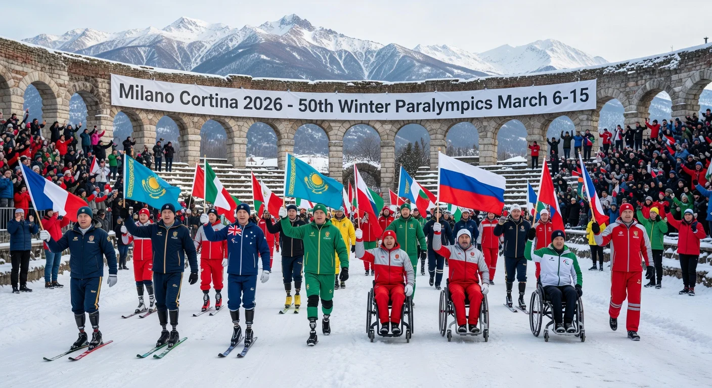 Paralympic athletes parading with flags at the snow-covered Arena di Verona during preparations for the 50th Winter Paralympics opening in Milano Cortina 2026.
