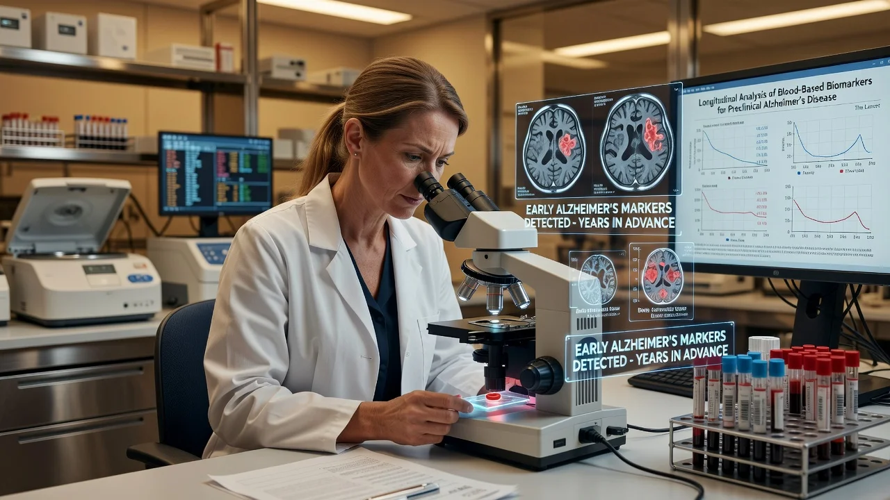 A scientist in a lab analyzing a blood sample for early Alzheimer's detection, with brain scan overlays.