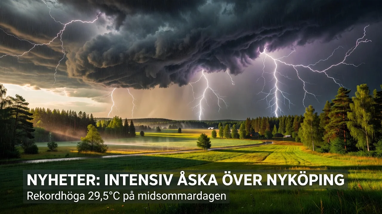 Intense thunderstorms with lightning strikes over Swedish landscape during hot midsummer day.