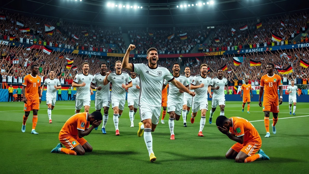 German players celebrating 2-1 victory over Ivory Coast in World Cup match