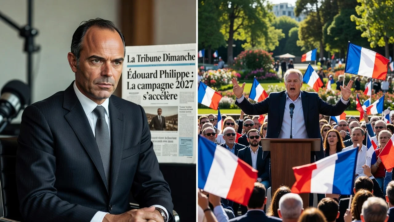 News illustration of Édouard Philippe and Bruno Retailleau in 2027 campaign events including interview and Paris rally.