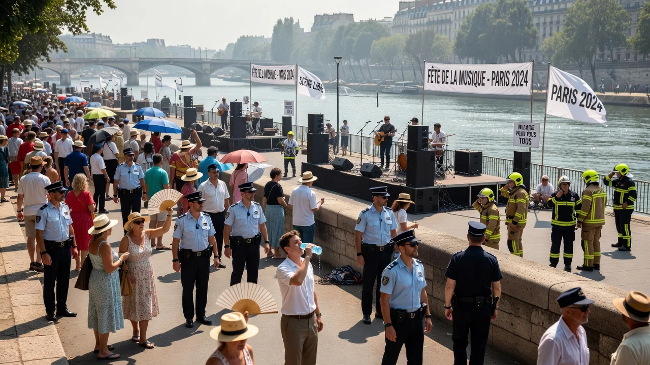 Police and crowds at Paris music festival along the Seine during a heatwave