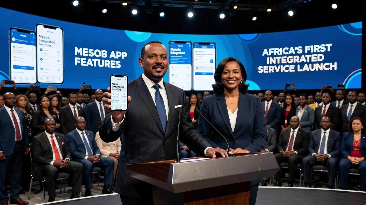 Prime Minister Abiy Ahmed and Mayor Adanech Abiebie launching the Mesob digital service app