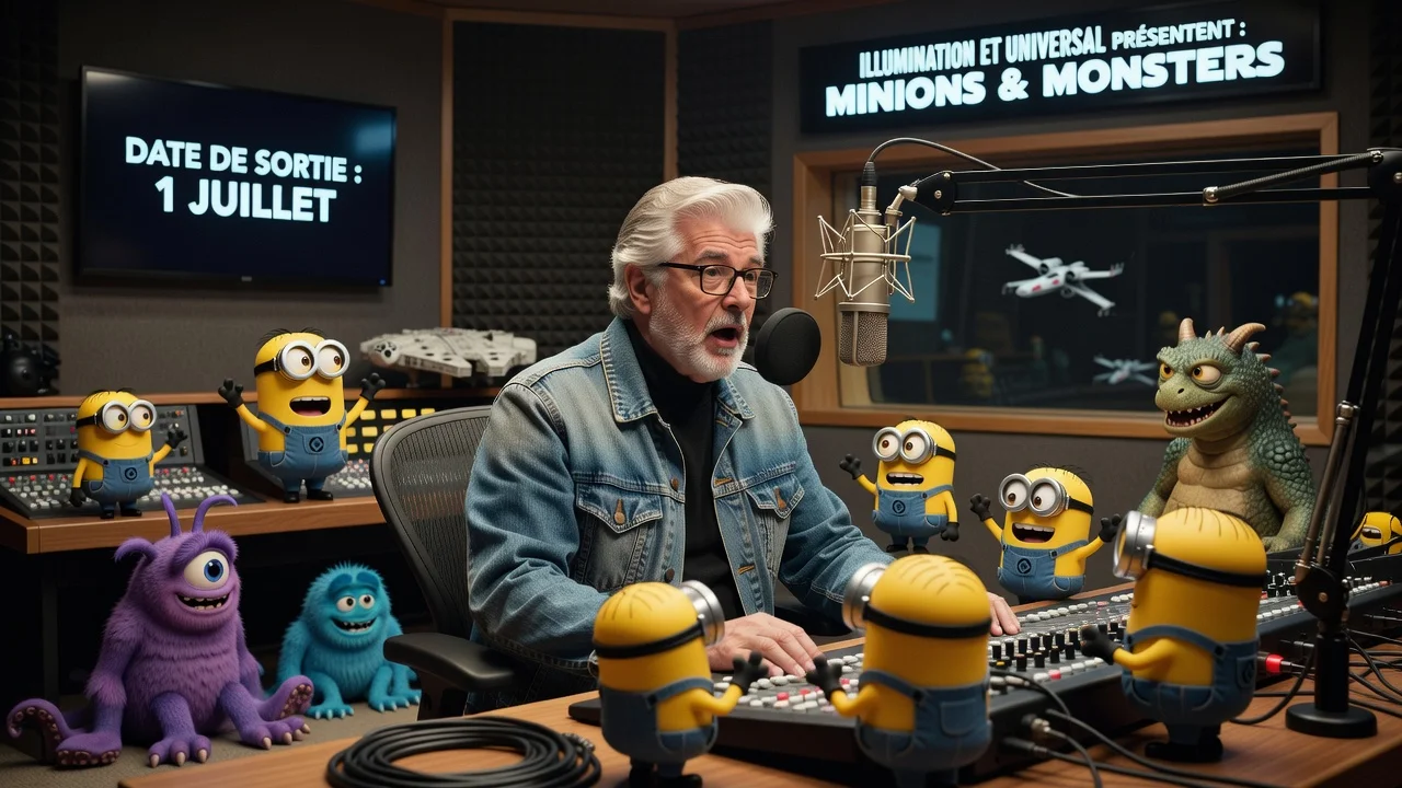 George Lucas in recording studio voicing Minions & Monsters with animated characters around him