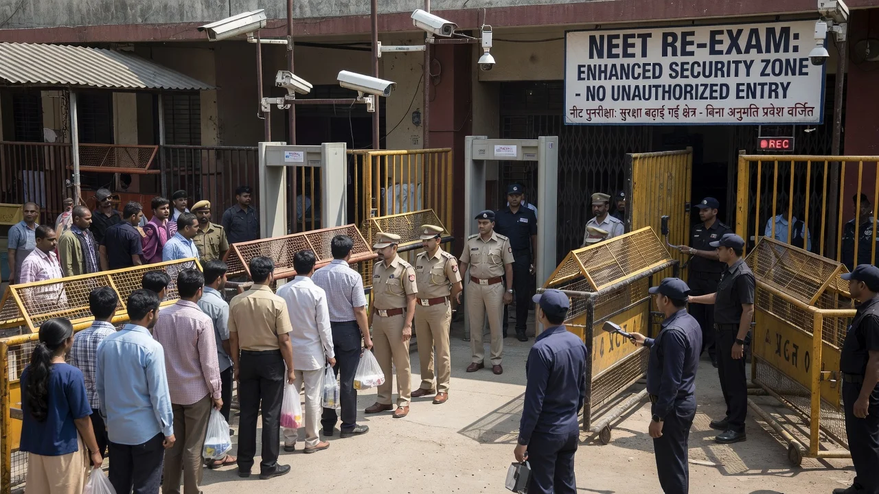 Enhanced security deployment at NEET exam centers with guards checking students.