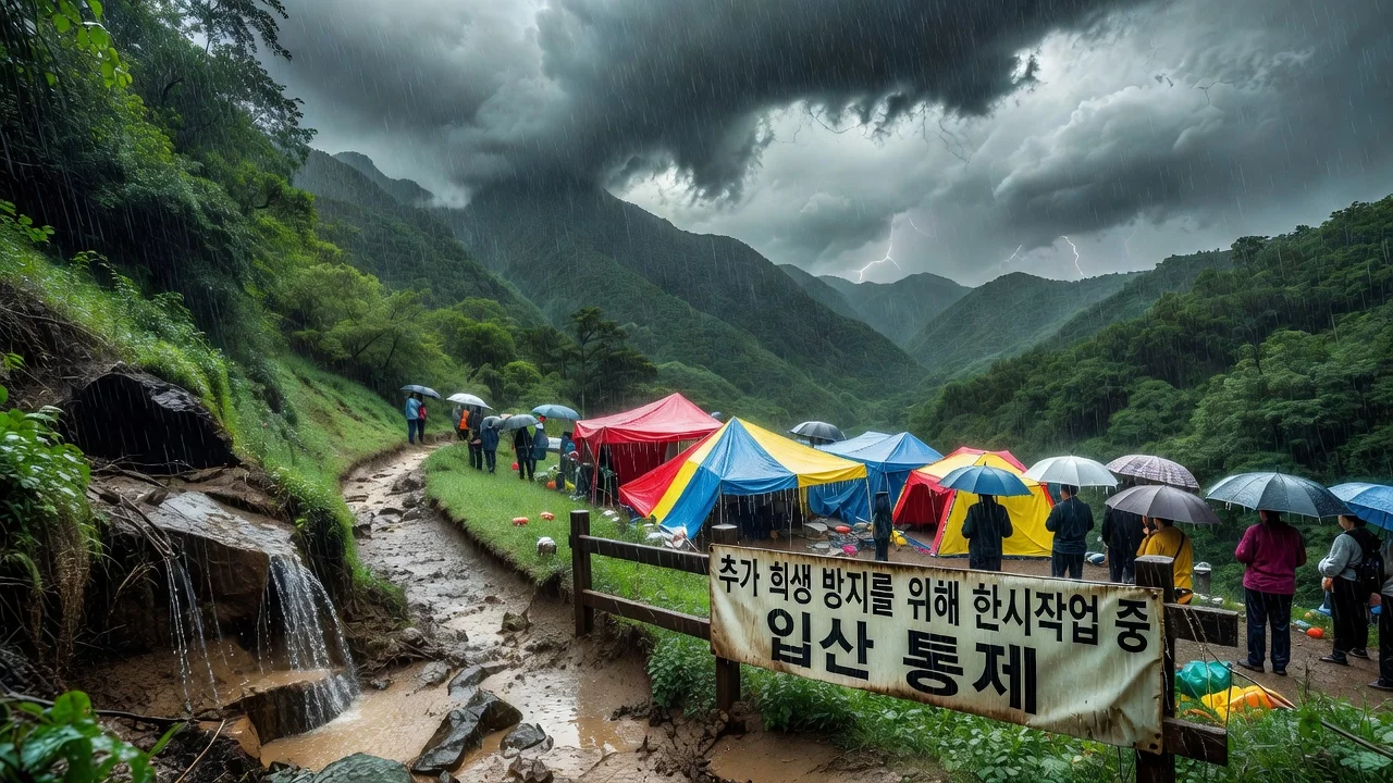 Heavy rain flooding mountain trails and disrupting a festival in Gangwon Province, South Korea.