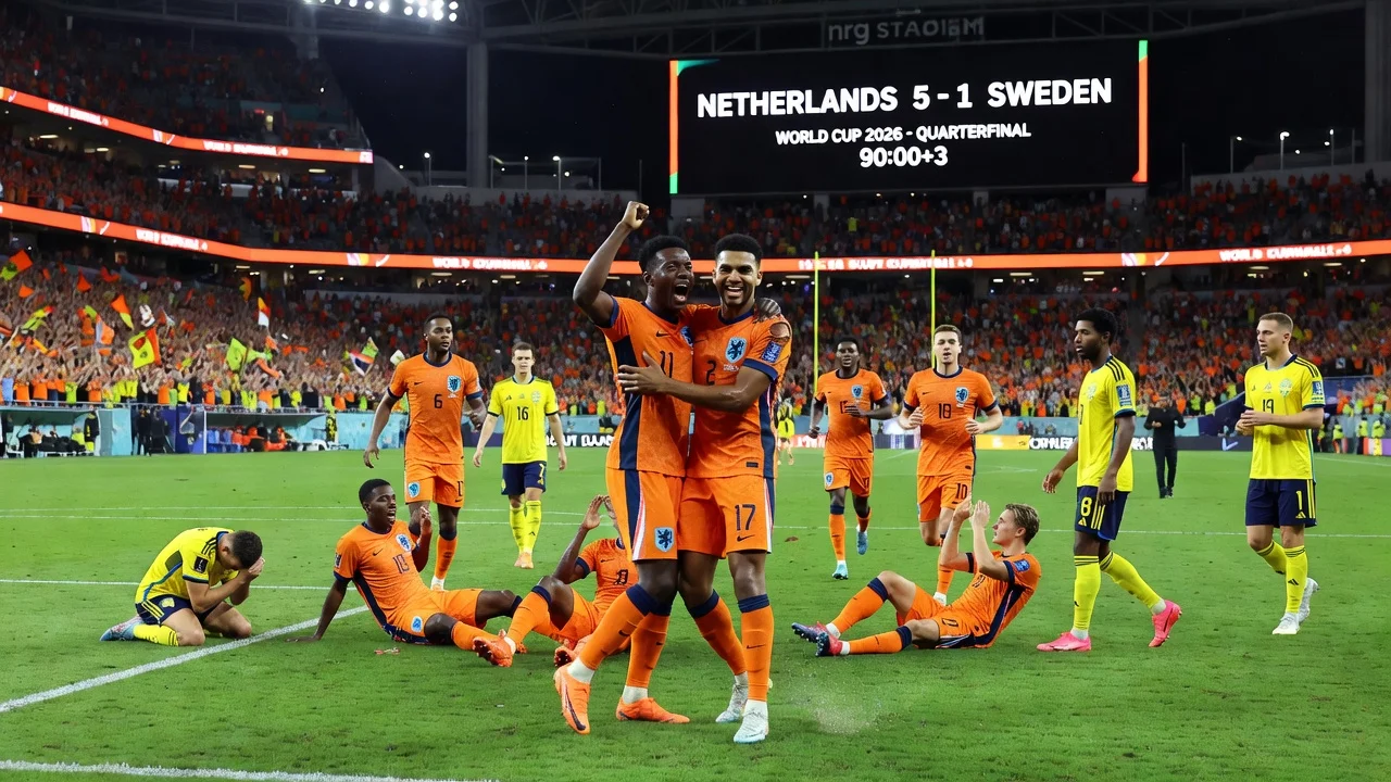 Netherlands soccer players celebrating a 5-1 victory over Sweden at the 2026 World Cup in Houston.