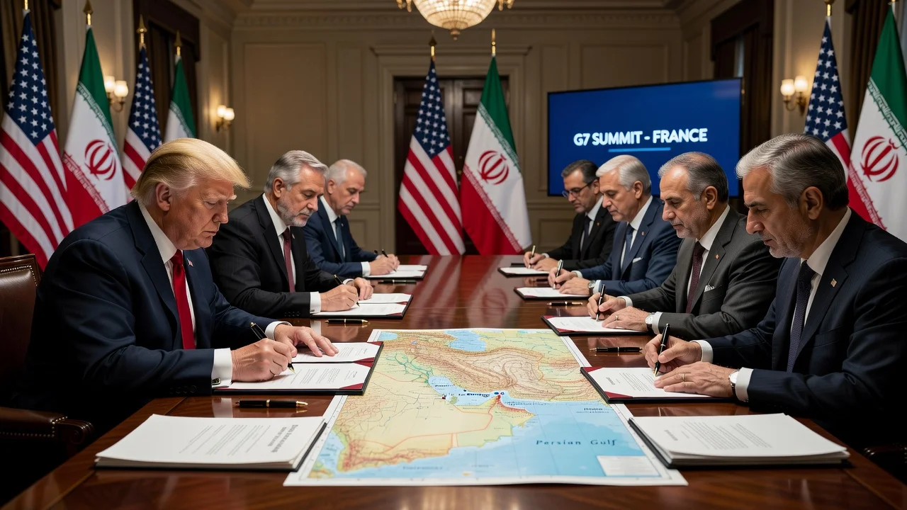 Illustration of US and Iran signing ceasefire extension deal at G7 summit, with Strait of Hormuz reference.