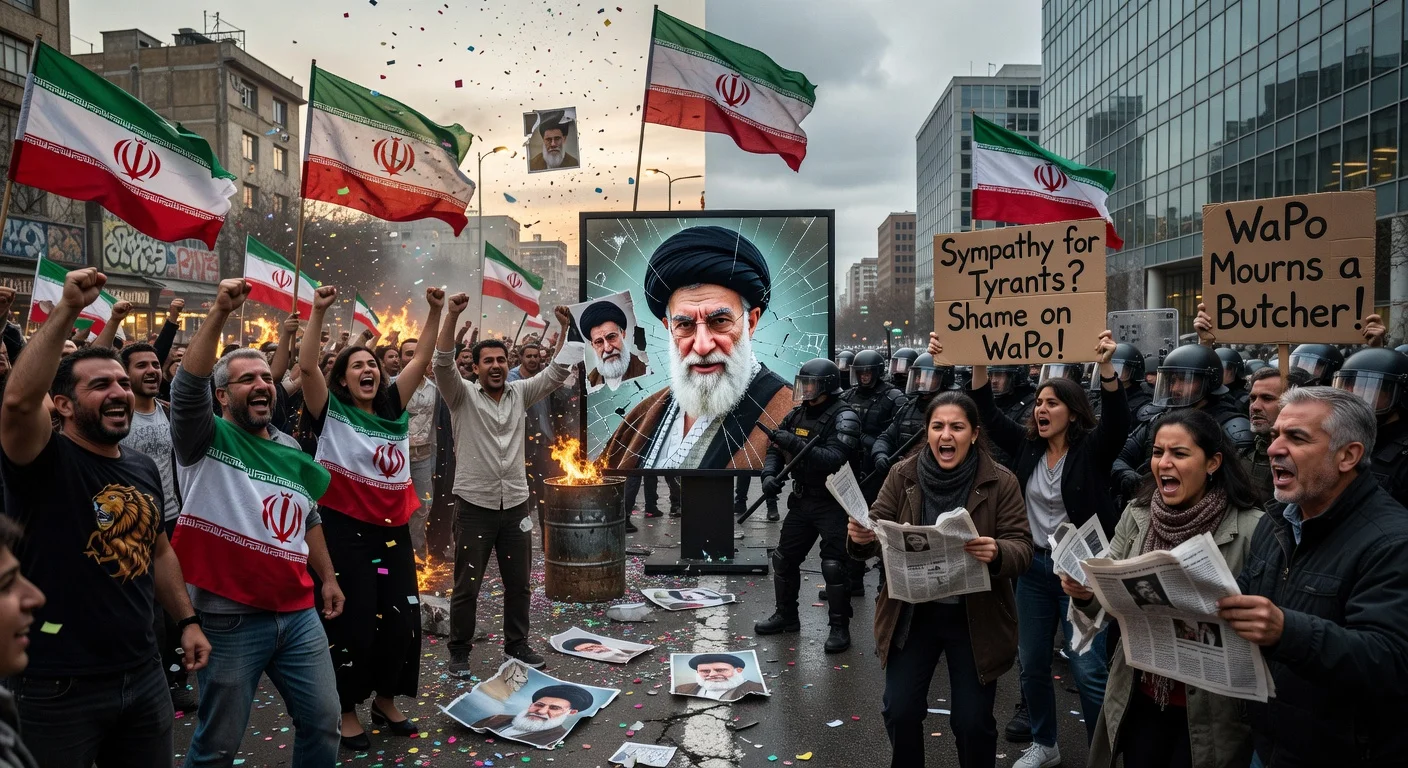 Composite image depicting celebrating Iranian dissidents and protesters criticizing a sympathetic obituary to Khamenei's death.