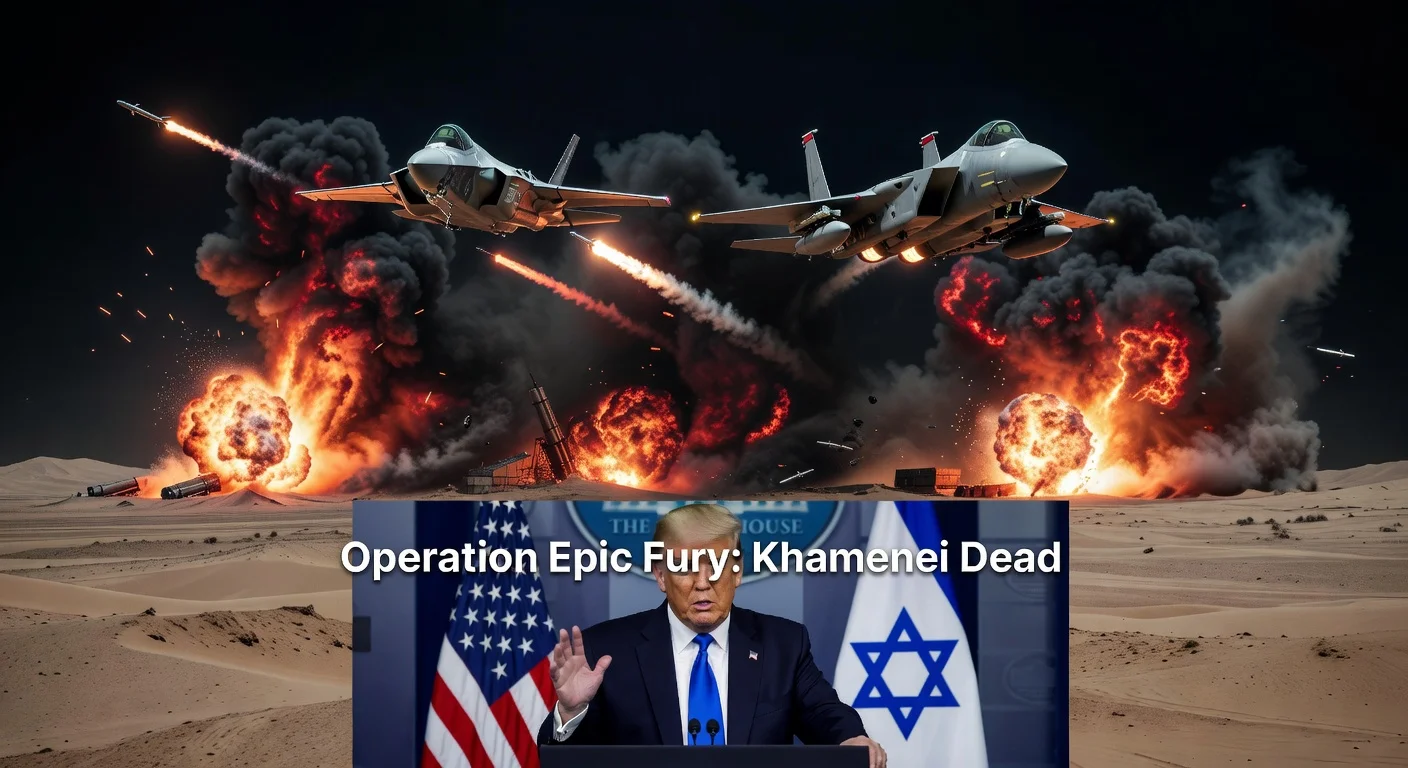 Dramatic illustration of US and Israeli jets striking Iranian missile and nuclear sites during Operation Epic Fury, with inset of President Trump announcing Ayatollah Khamenei's death.