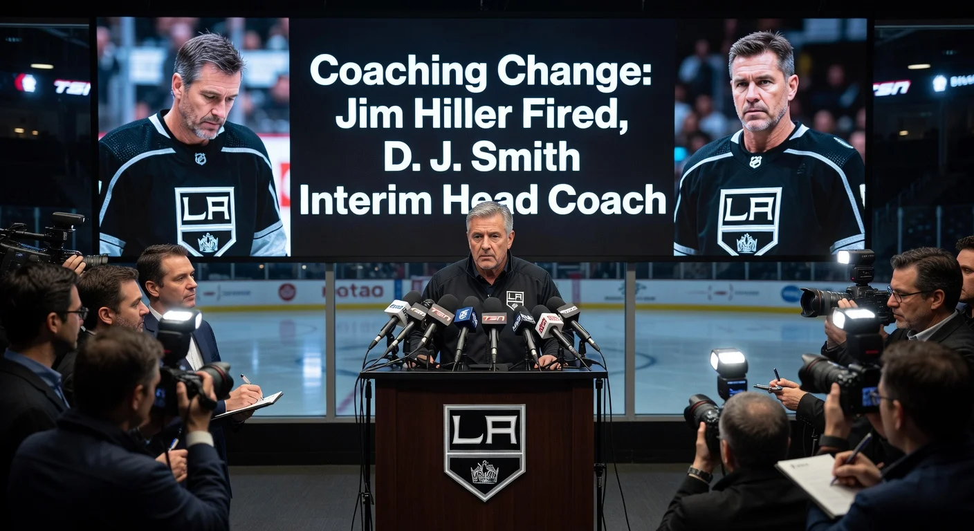 Los Angeles Kings GM Ken Holland announces firing of head coach Jim Hiller and appointment of D.J. Smith as interim coach at press conference.