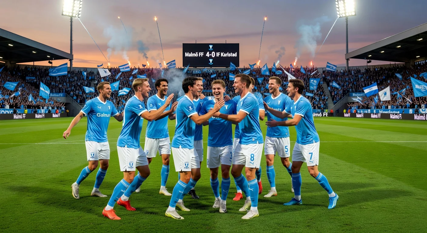 Malmö FF soccer players celebrate 4-0 Swedish Cup win over IF Karlstad, highlighting young debutants on the pitch.