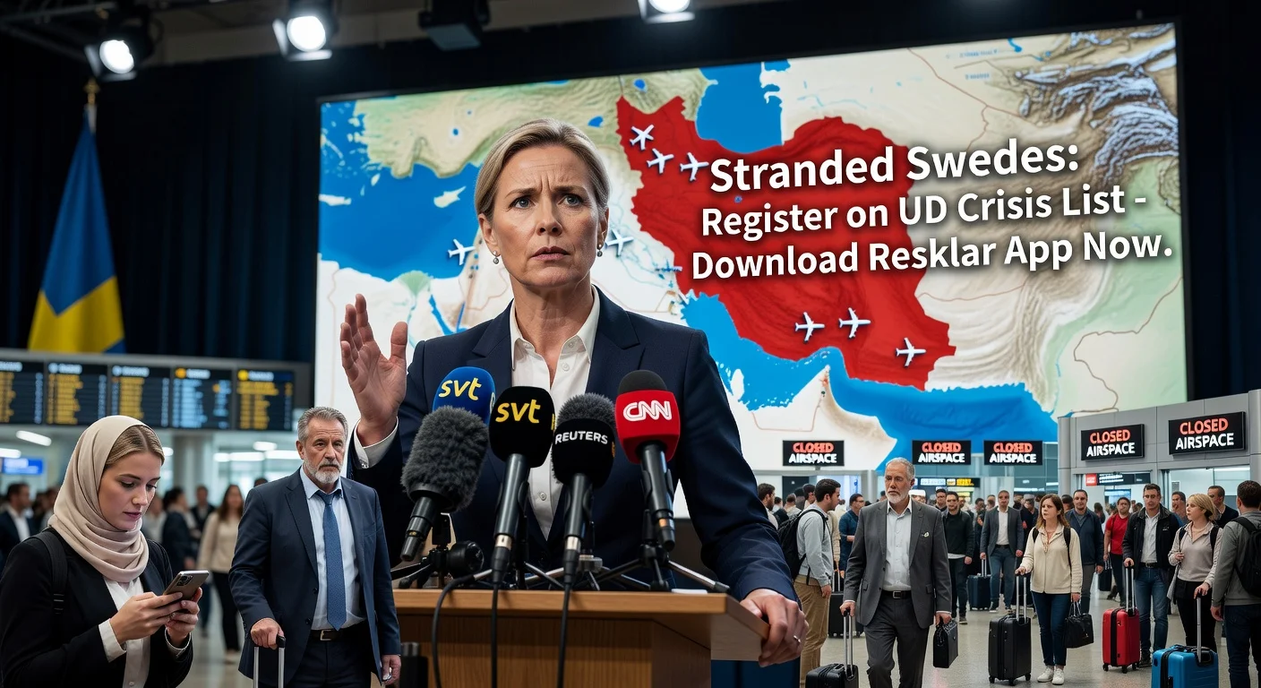 Sweden's Foreign Minister Maria Malmer Stenergard urges stranded citizens in the Middle East to register amid Iran escalation and closed airspace.