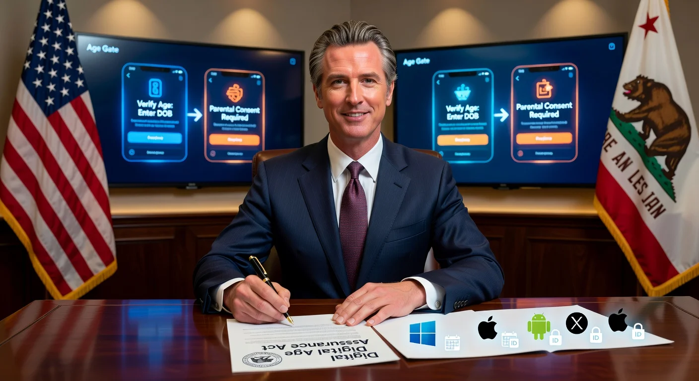 Governor Gavin Newsom signs California's Digital Age Assurance Act, requiring OS age verification for safer online content.
