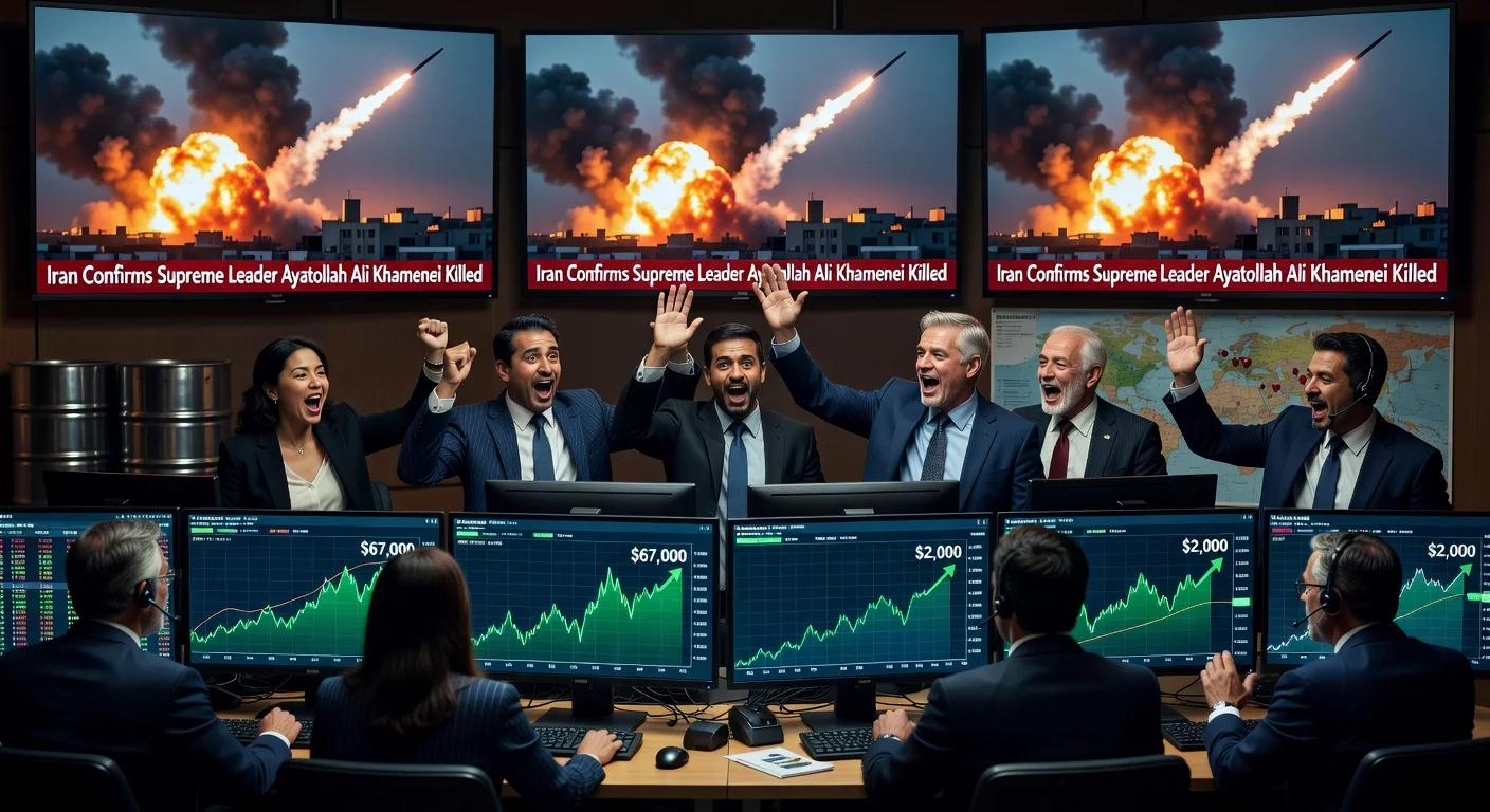Dramatic trading floor scene showing Bitcoin rebound to $67K amid breaking news of Ayatollah Khamenei's death in US-Israeli strikes on Iran.