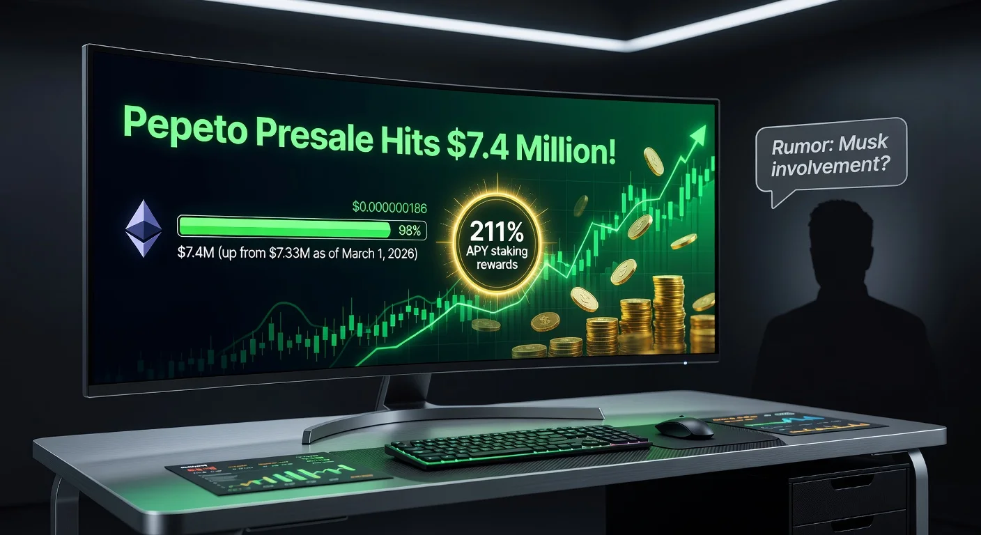 Illustration of Pepeto cryptocurrency presale reaching $7.4 million on Ethereum, highlighting token price, staking APY, and market momentum amid Elon Musk rumors.